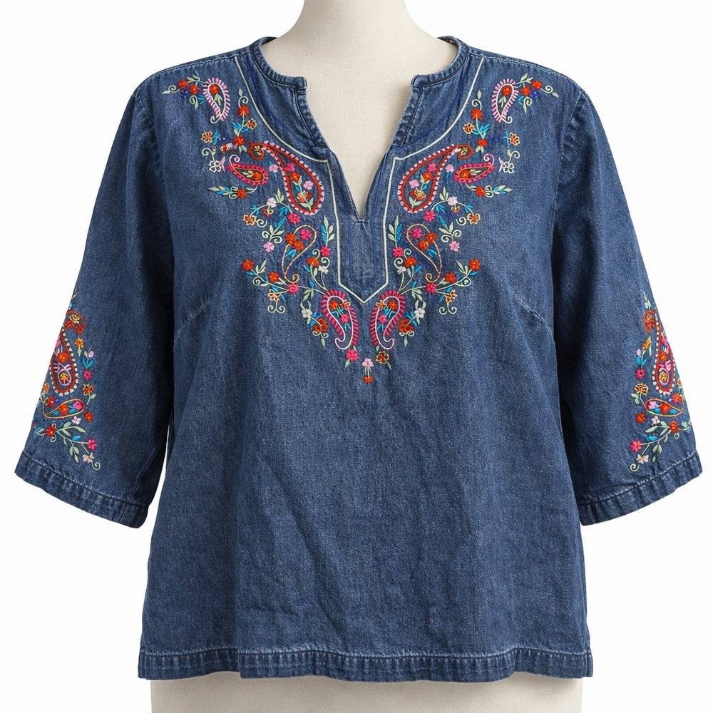 220 Threads Y2K Embroidered Denim Tunic Size M Blue‎ 3/4 Sleeve Cottagecore Boho